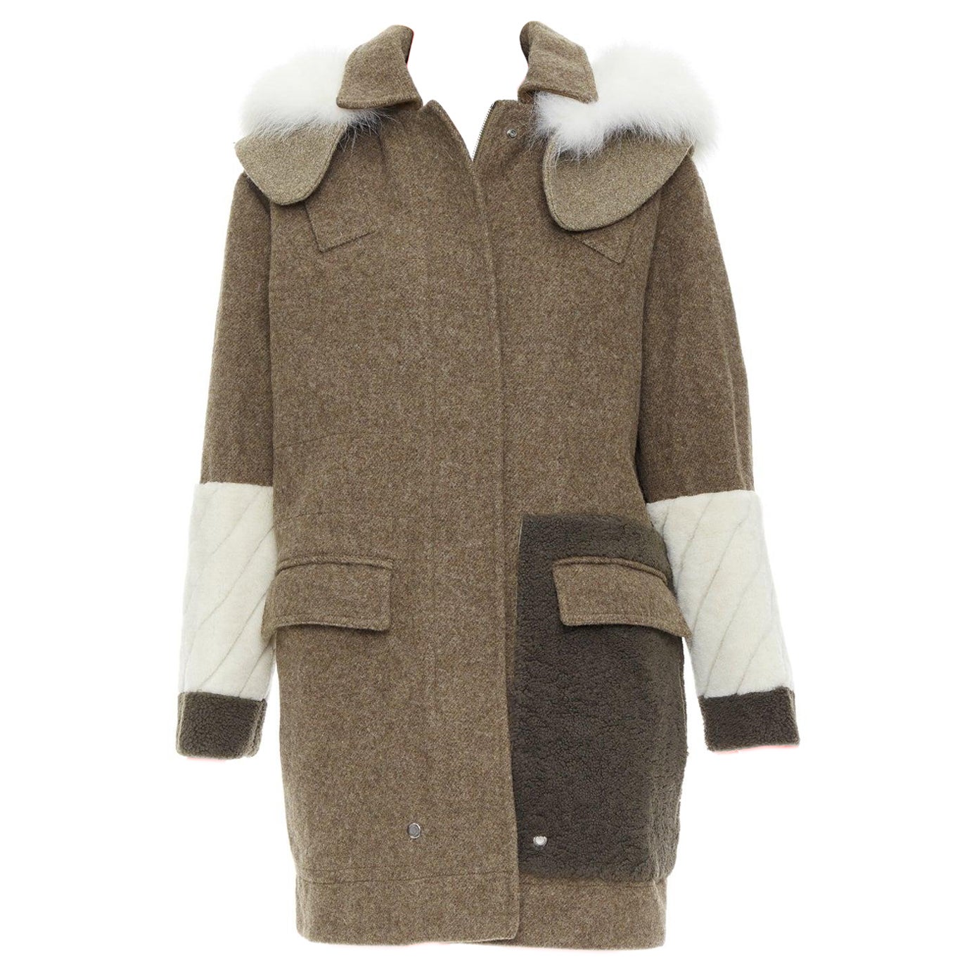 FENDI colorblocked brown wool patchwork fur hooded parka coat IT38 XS For Sale