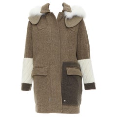 FENDI colorblocked brown wool patchwork fur hooded parka coat IT38 XS