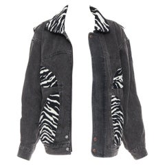 CELINE Hedi Slimane Giacca in denim con patch in lana zebrata bianca e nera S.