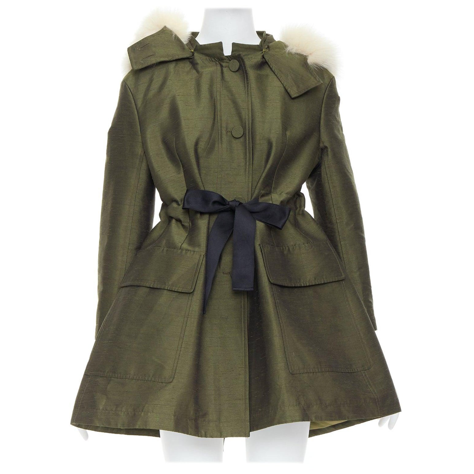 DIOR military green pocketed cream fur hood belted anorak coat FR34 XS