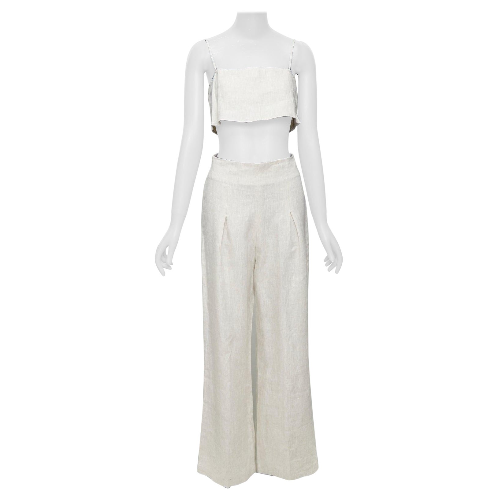 REFORMATION beige 100% lino, camisole crop top e pantaloni larghi US2 S