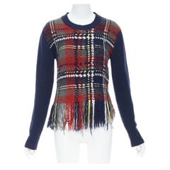 DIOR navy red plaid tartan cashmere silk fringe hem sweater FR36 S