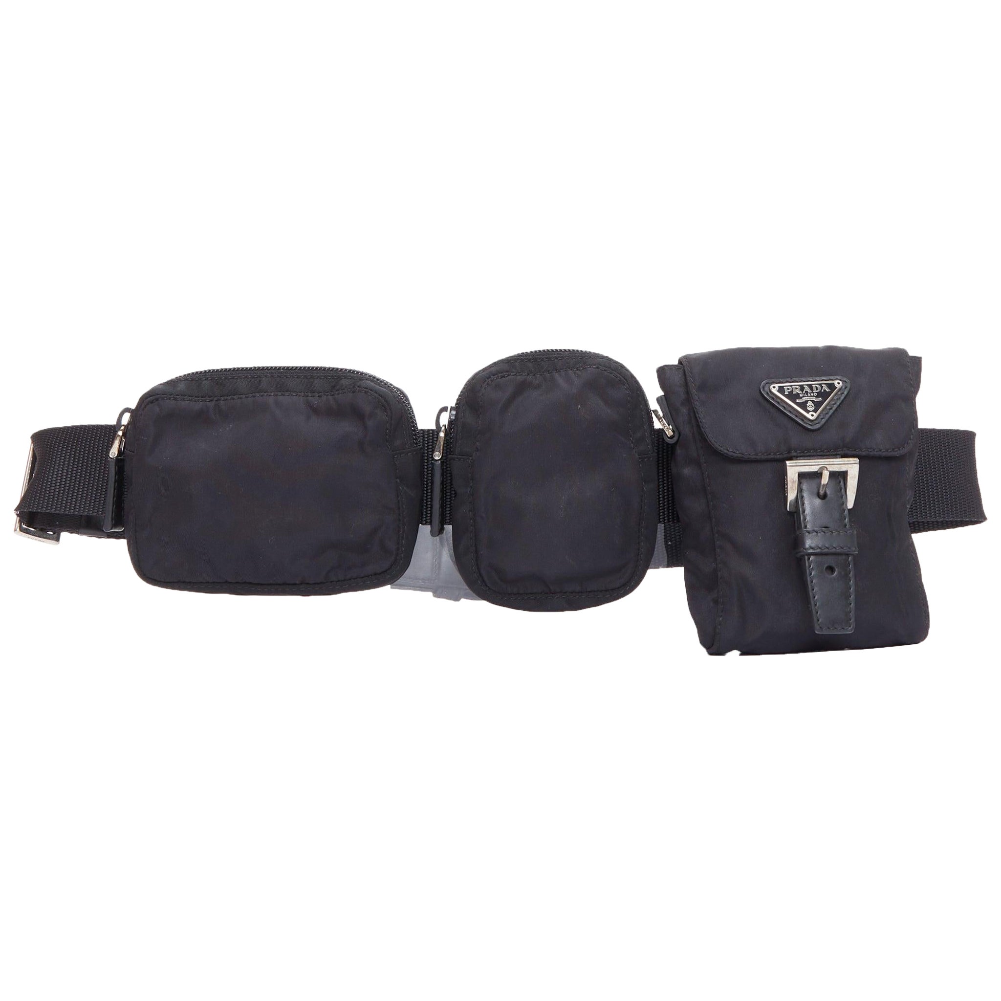 rare PRADA black nylon silver triangle logo leather triple pouch waist bag For Sale