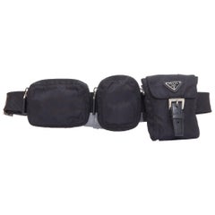 rare PRADA black nylon silver triangle logo leather triple pouch waist bag