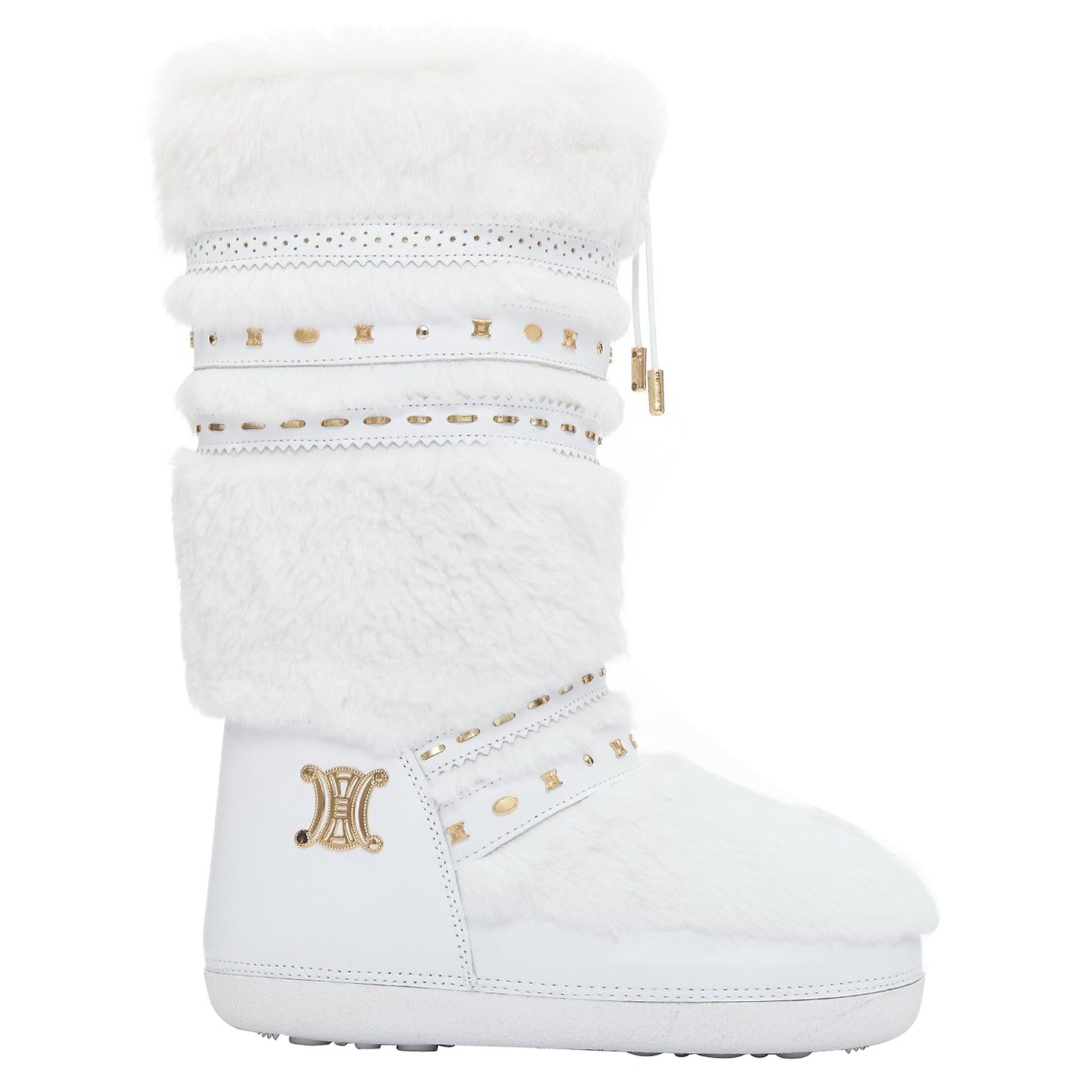 rare CELINE Macadam white gold logo faux fur Triomphe snow boots EU38-40 For Sale