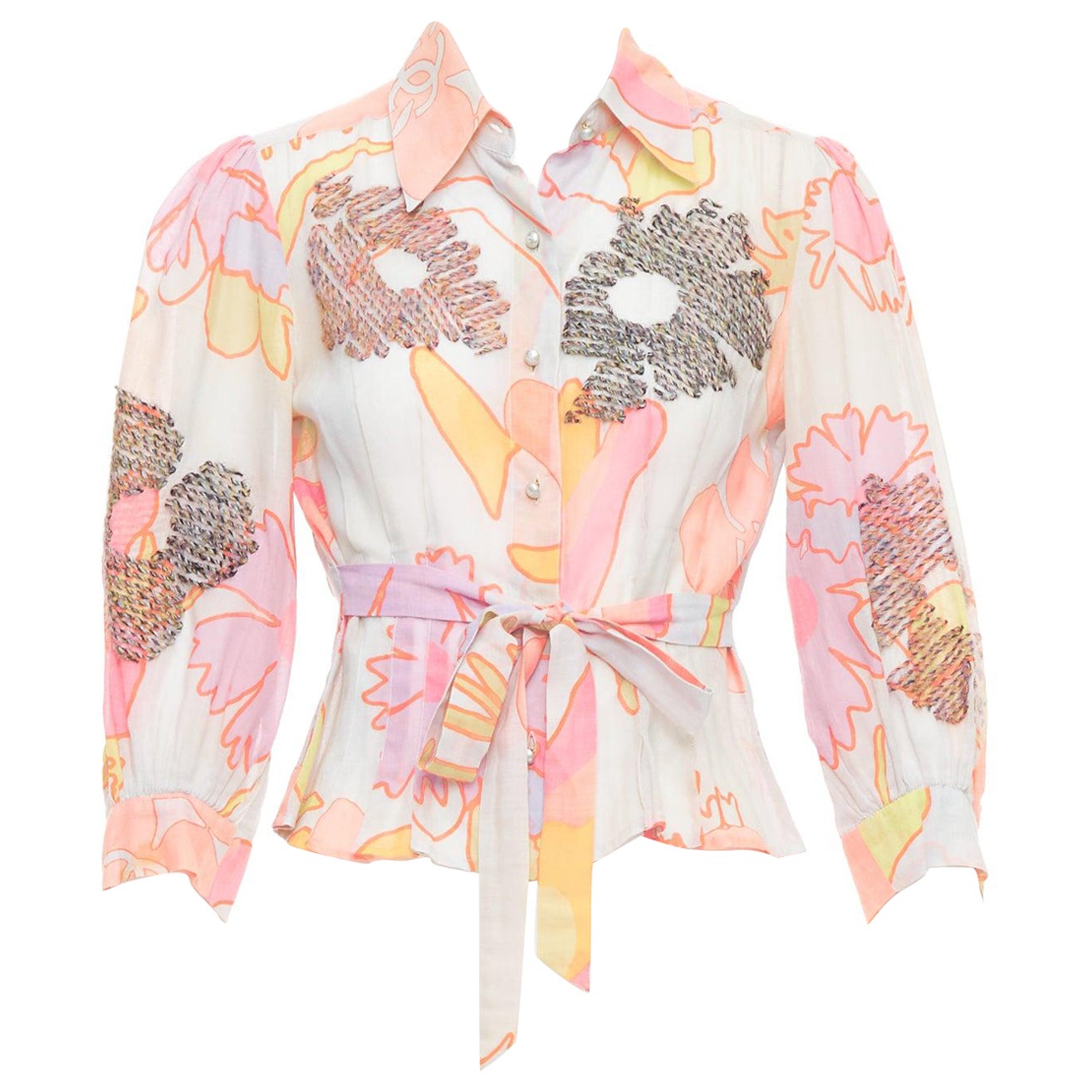 Chanel 03P camicetta crop in cotone con stampa floreale e ricamo, FR36 S in vendita