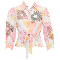 CHANEL 03P cotton floral print embroidery tie belt crop blouse FR36 S
