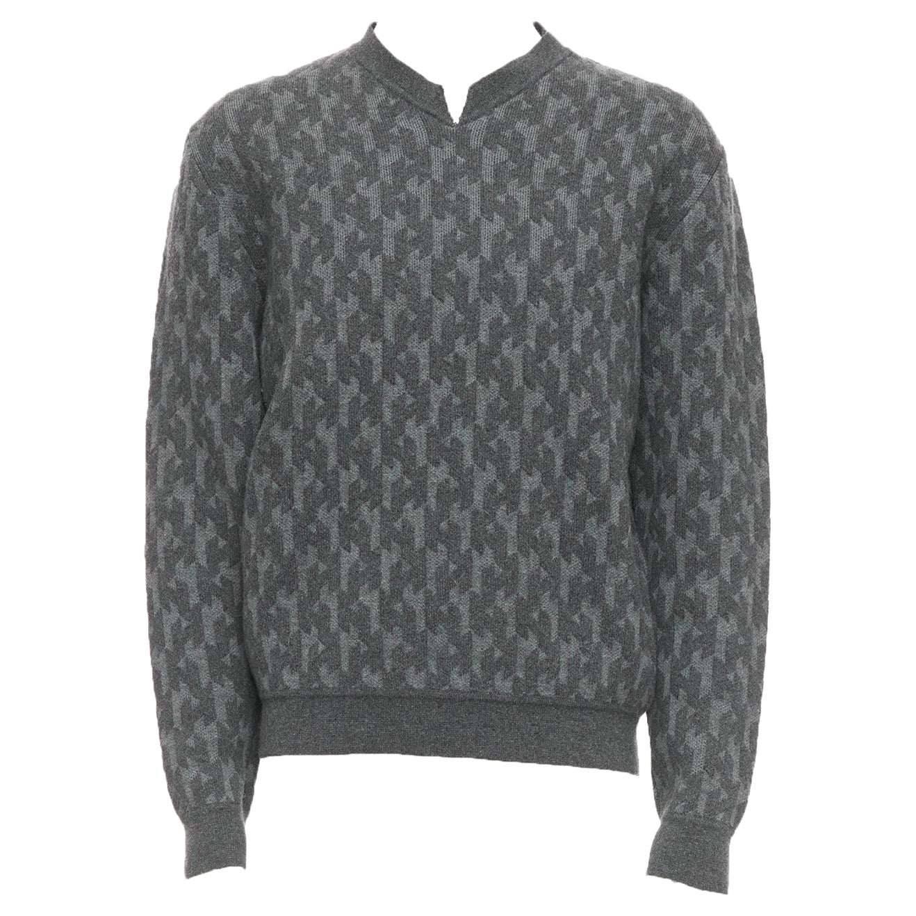 HERMES grey merino wool cashmere H monogram intarsia sweater L