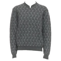 HERMES Pullover mit Intarsien aus grauer Merinowolle und Kaschmir mit H-Monogramm L