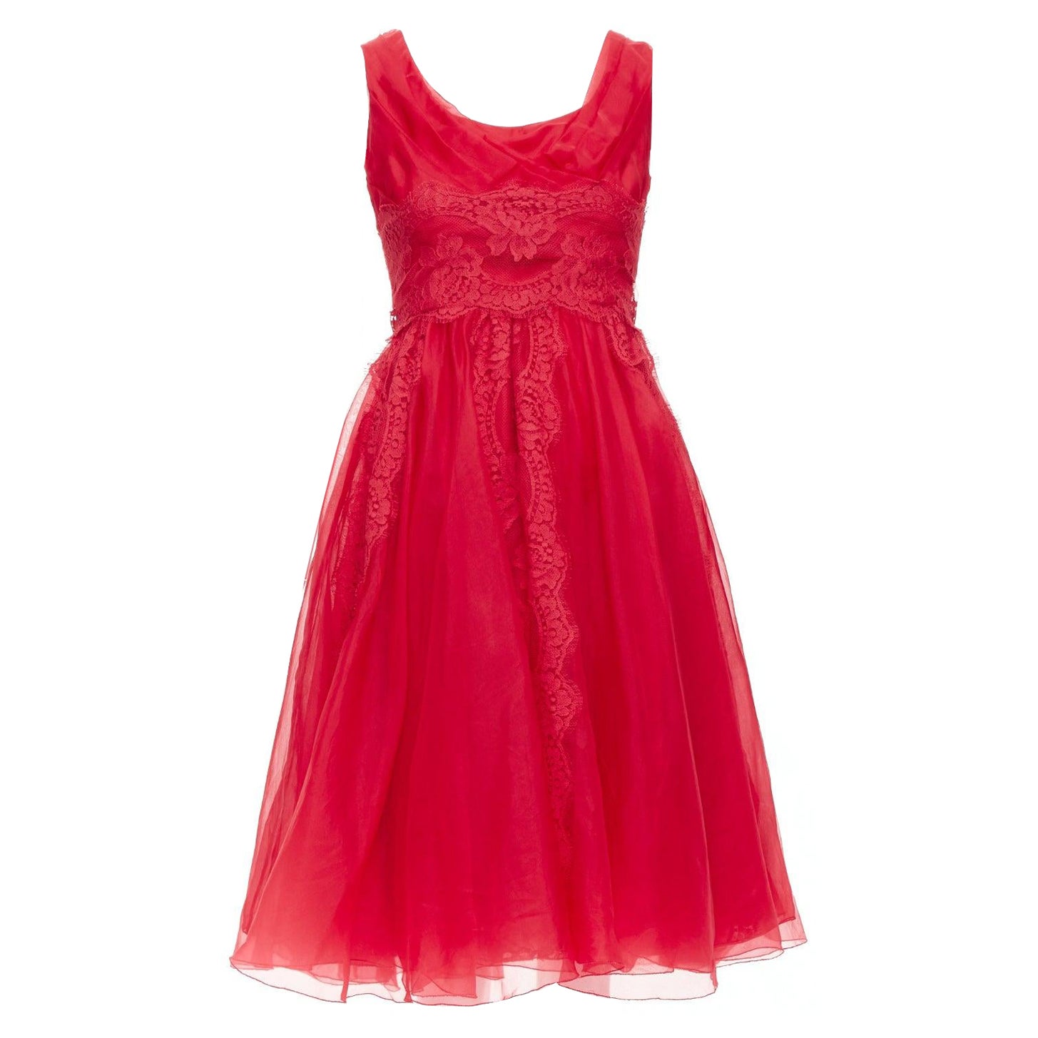 DOLCE GABBANA red cotton silk blend lace tulle fit flared dress IT36 XXS For Sale