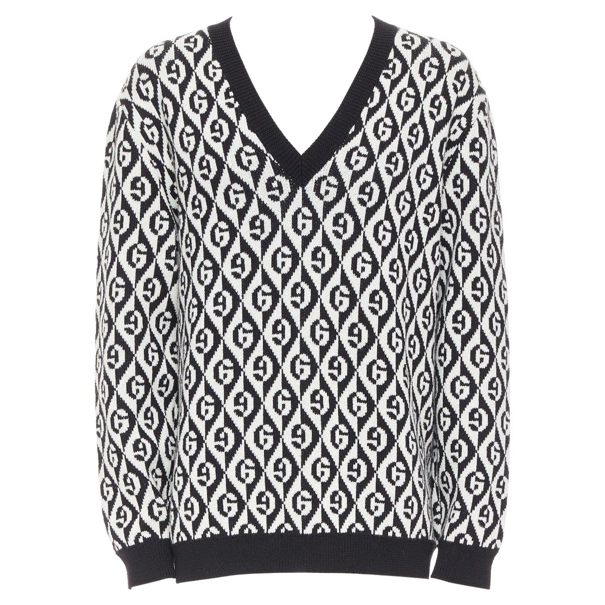 GUCCI 100% wool G Rhombus monogram black white intarsia sweater L For Sale
