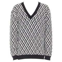 GUCCI 100% Wolle G Rhombus Monogramm schwarz-weißer Intarsienpullover L