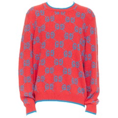 GUCCI red blue cotton blend GG monogram intarsia sweater XL