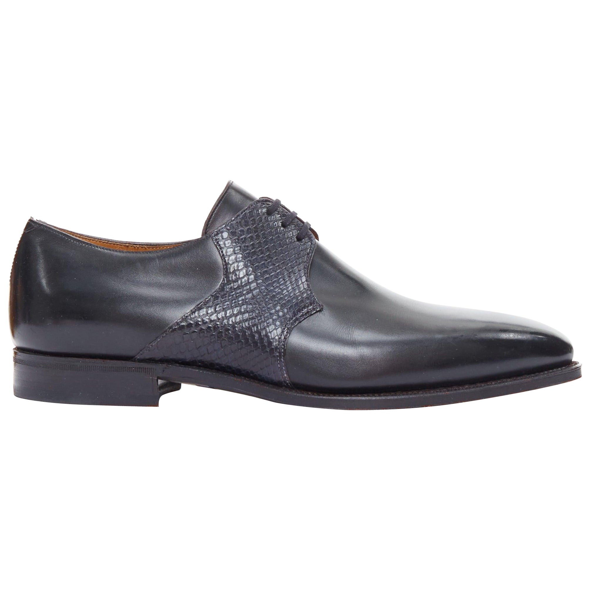CORTHAY Sade black scaled leather trim smooth derby loafers UK8.5 EU41.5 For Sale