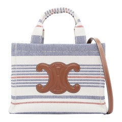 CELINE 2024 Small Cabas Thais striped textile canvas calfskin Triomphe tote bag