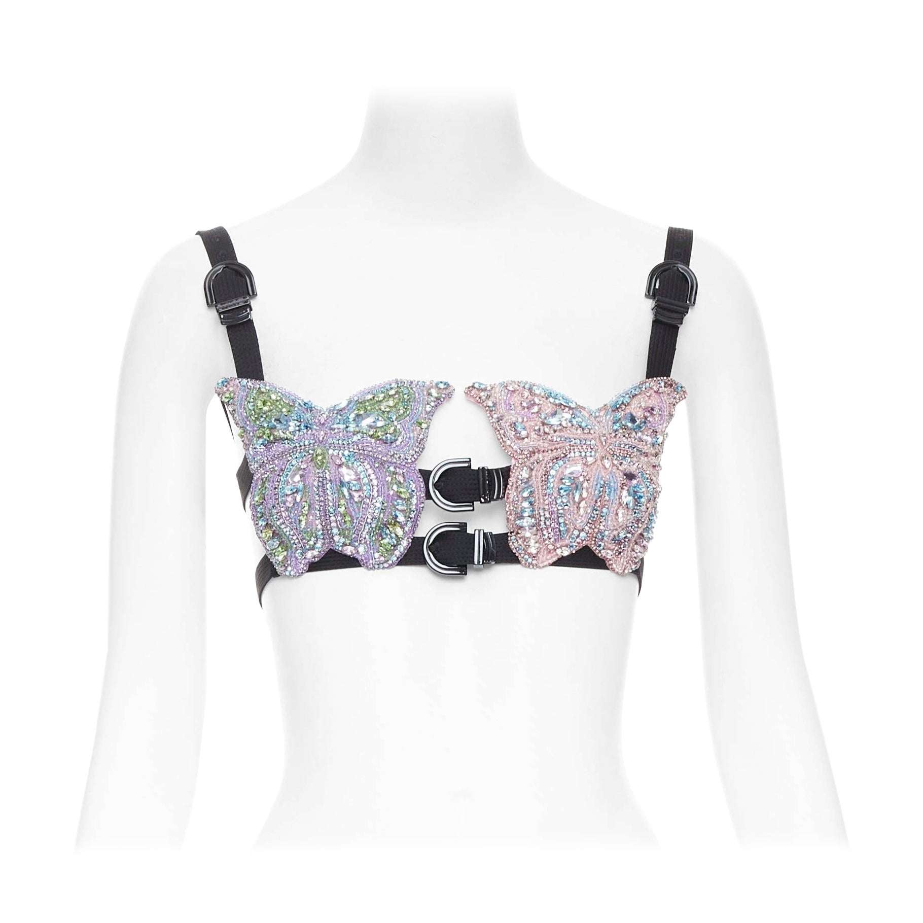 rare VERSACE Dua Lipa 2023 La Vacanza Runway crystal bondage bra IT36 XXS For Sale