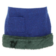SAINT LAURENT 2021 Laufsteg Minirock aus blauer Wolle, Mohair und Tweed mit Kunstpelz FR40 L