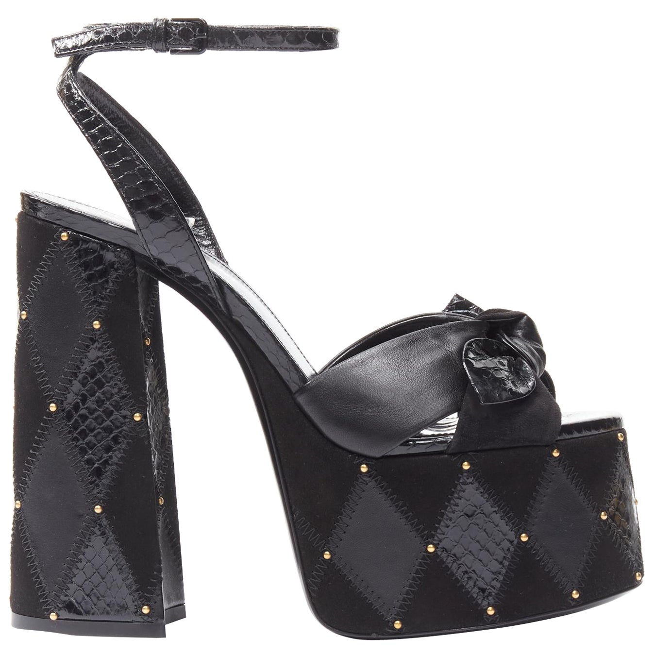 SAINT LAURENT Paige 85 Sandali neri con plateau di borchie patchwork EU38