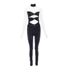 SAINT LAURENT 2022 Runway Cutout Velvet black YSL logo catsuit Sz.2 S
