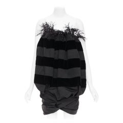 rare SAINT LAURENT 2021 Runway feather trim silk striped Le Pouf dress FR36 S