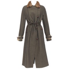 YVES SAINT LAURENT Vintage brown wool tweed fur trim maxi coat FR36 S