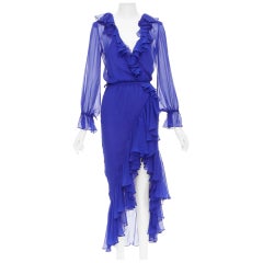 SAINT LAURENT 2020 Laufsteg Kobaltblaues 100% Seidenkleid mit Rüschenbezug FR42 XL