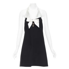 SAINT LAURENT 2022 black white wool silk bow knot halter mini dress FR36 S