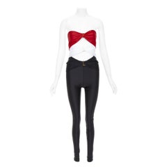 SAINT LAURENT 2022 Runway cutout bandeau red black YSL logo catsuit Sz.2 S