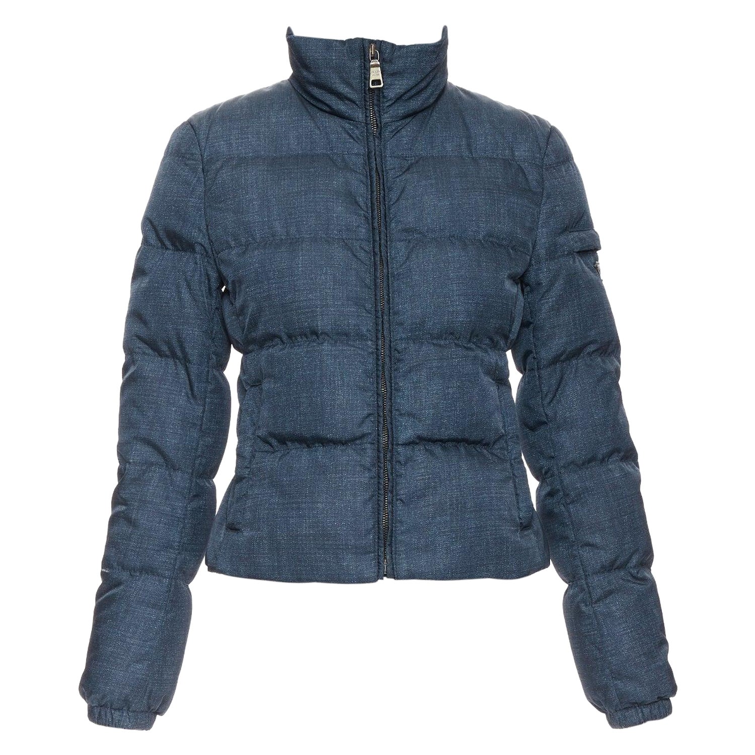PRADA 2011 - Veste bouffante courte en denim bleu marine imprimé logo triangle IT 38 XS