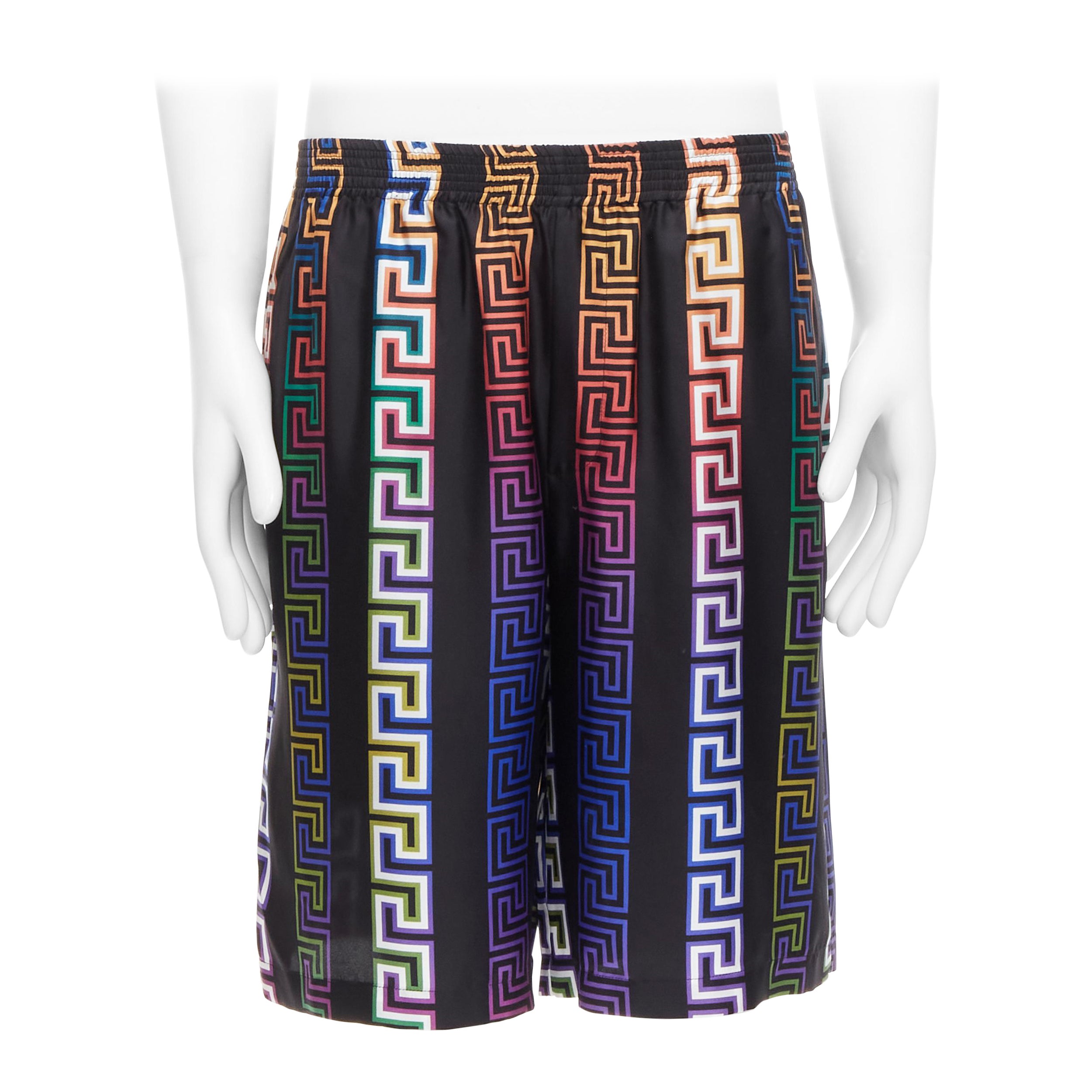 VERSACE 2021 Runway Neon Greca short en twill de soie noir coupe collège IT48 M