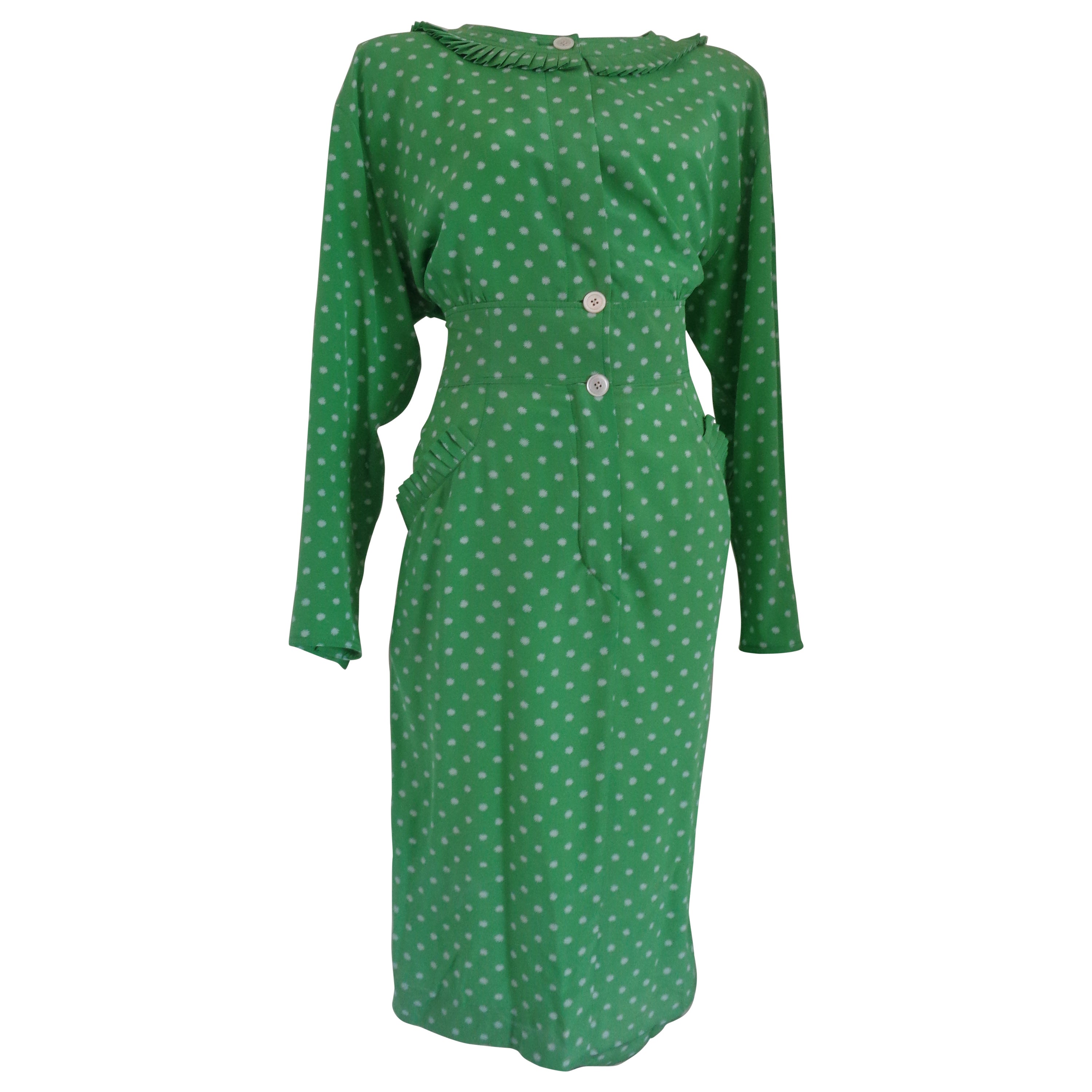 Valentino Green Silk Cocktail Dress with Plunge Neckline Size 8 For