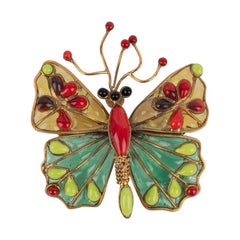 Gripoix Golden Metal and Glass Paste Butterfly Brooch