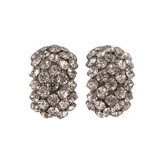 Vintage Silvery Metal Clip-on Rhinestone Earrings, 1970s