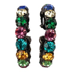 Dark-silvery Metal Clip-on Rhinestone Earrings, 1980s