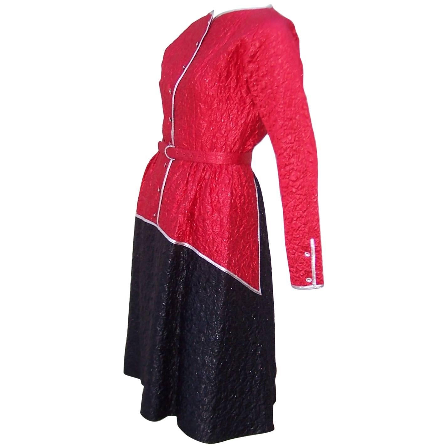 Geoffrey Beene Red, Black & Silver Cocktail Dress, 1970’s For Sale