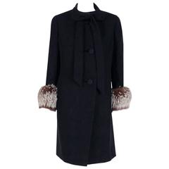 Retro 1965 Pierre Cardin Black Wool & Silver-Fox Fur Bow-Collar Tailored Jacket Coat