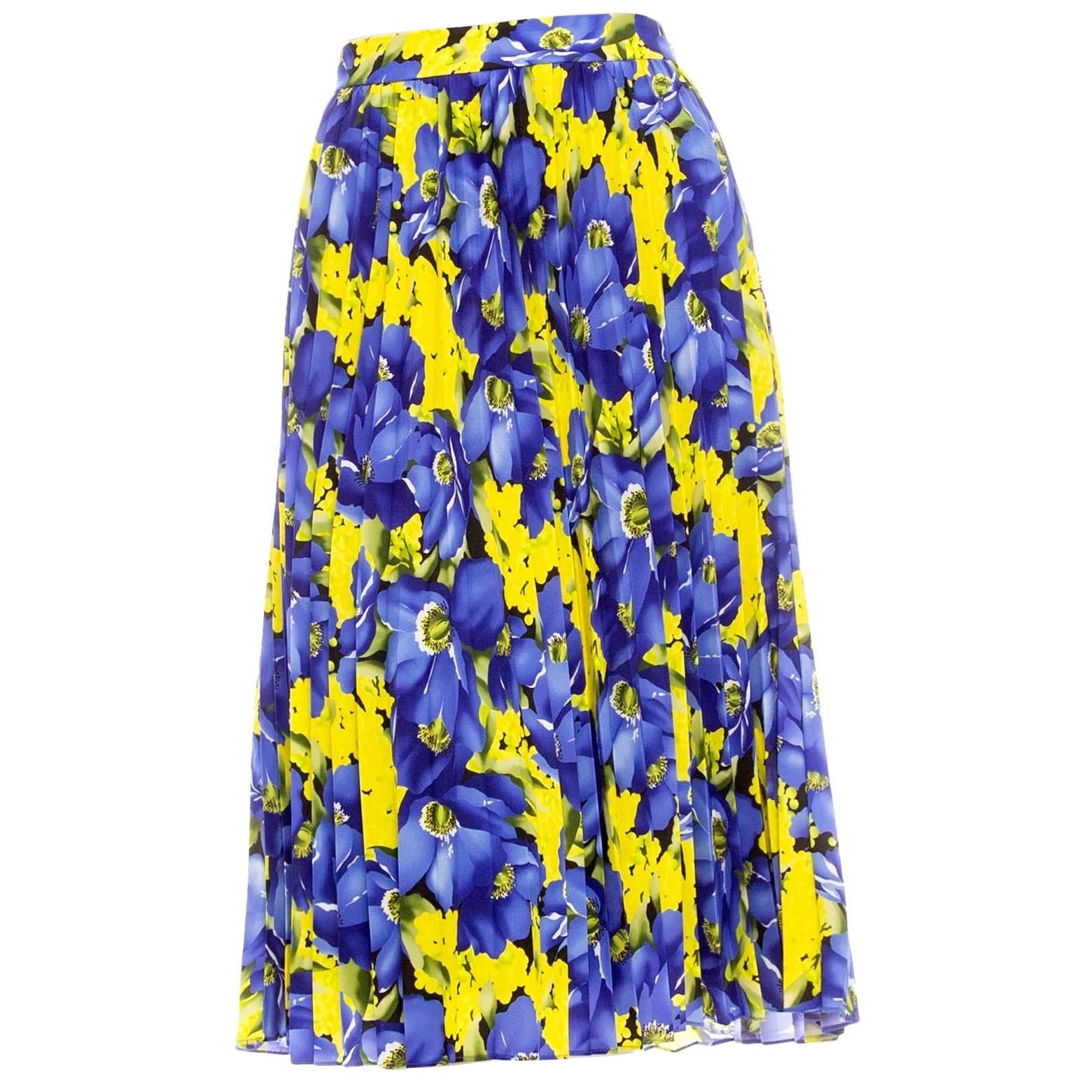 Balenciaga Blue and Yellow Crêpe de Chine Floral-Print Pleated Skirt