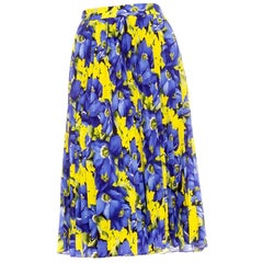 Balenciaga Blue and Yellow Crêpe de Chine Floral-Print Pleated Skirt