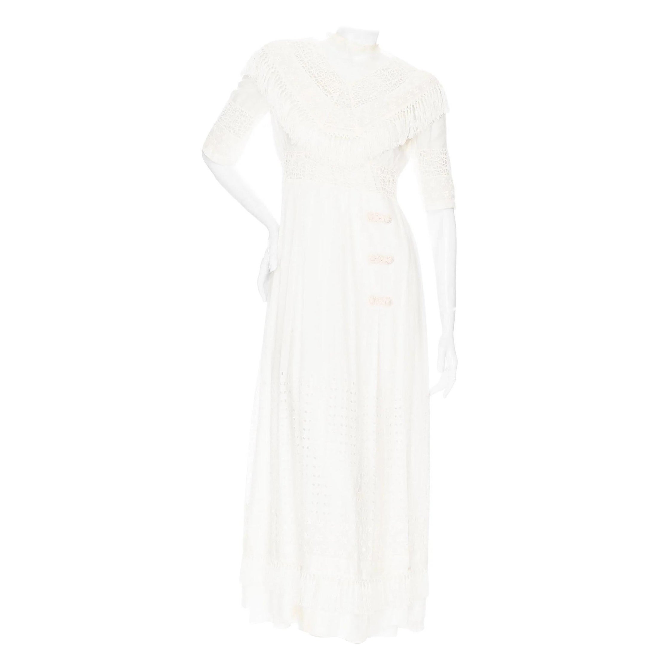 Christian Dior White Cotton Short Sleeve Fringed Eyelet Dress For Sale