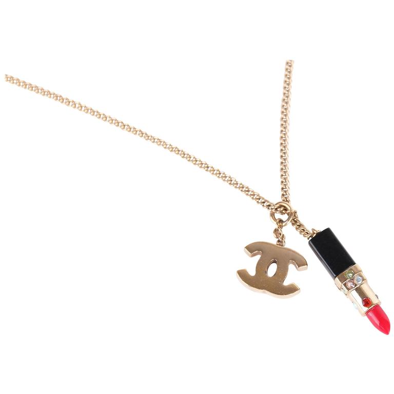 Chanel Jeweled Lipstick and Gold Tone CC Logo Pendant Charm Necklace