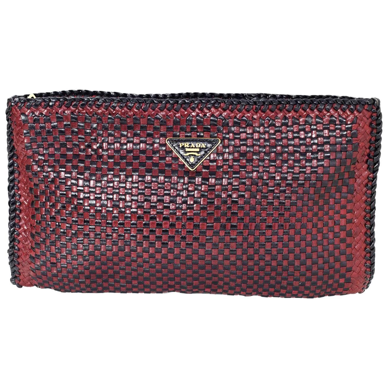 Prada Black & Burgundy Woven Leather Madras Clutch Bag