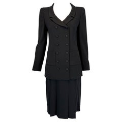 Chanel 1998P Black 100% Wool Double Breasted Jacket & Pleated Skirt Set 36