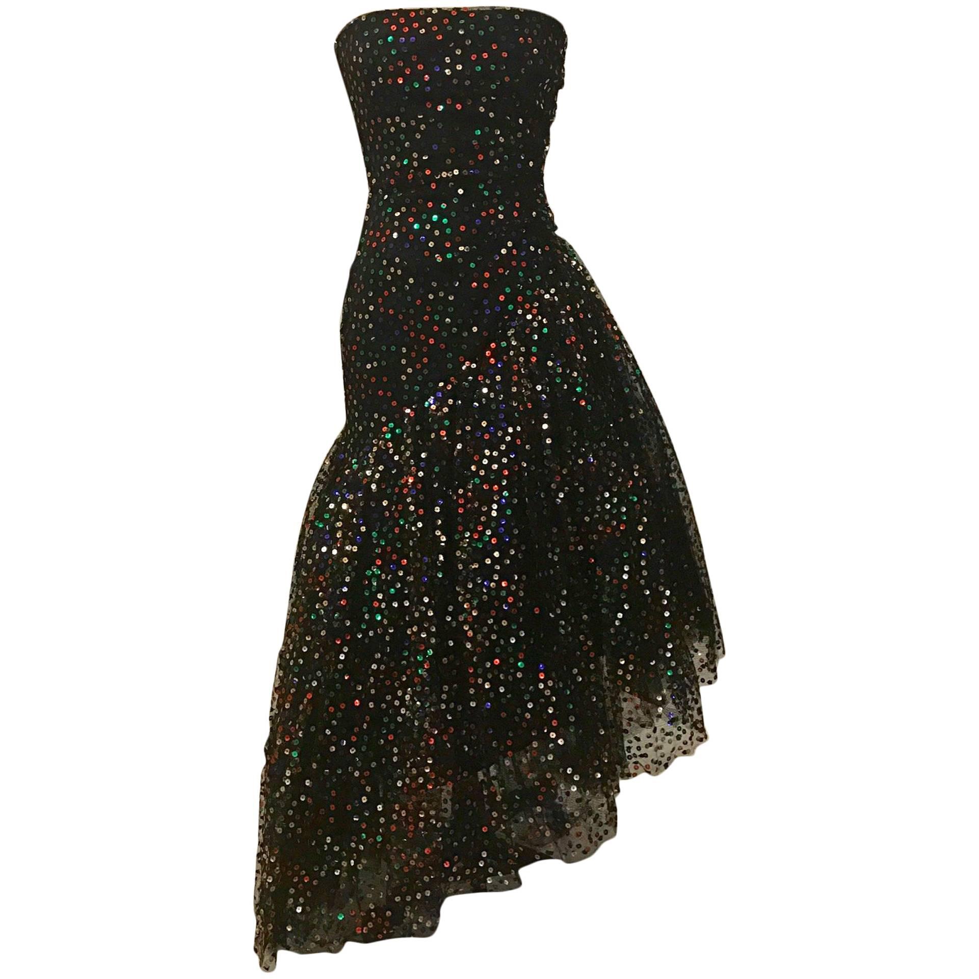 Scaasi Boutique for Bergdorf Goodman Black Strapless Sequin Tulle Gown, 1980s 