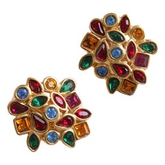 Yves Saint Laurent Earrings Multicolor Glass Rhinestones Clip Style Vintage 80s