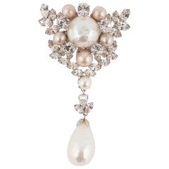 Vintage Christian Dior baroque pearl and clear paste brooch, dated 1961