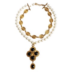 Chanel Necklace Large Medallion Pendant Poured Glass Pearls Vintage 90s + COA