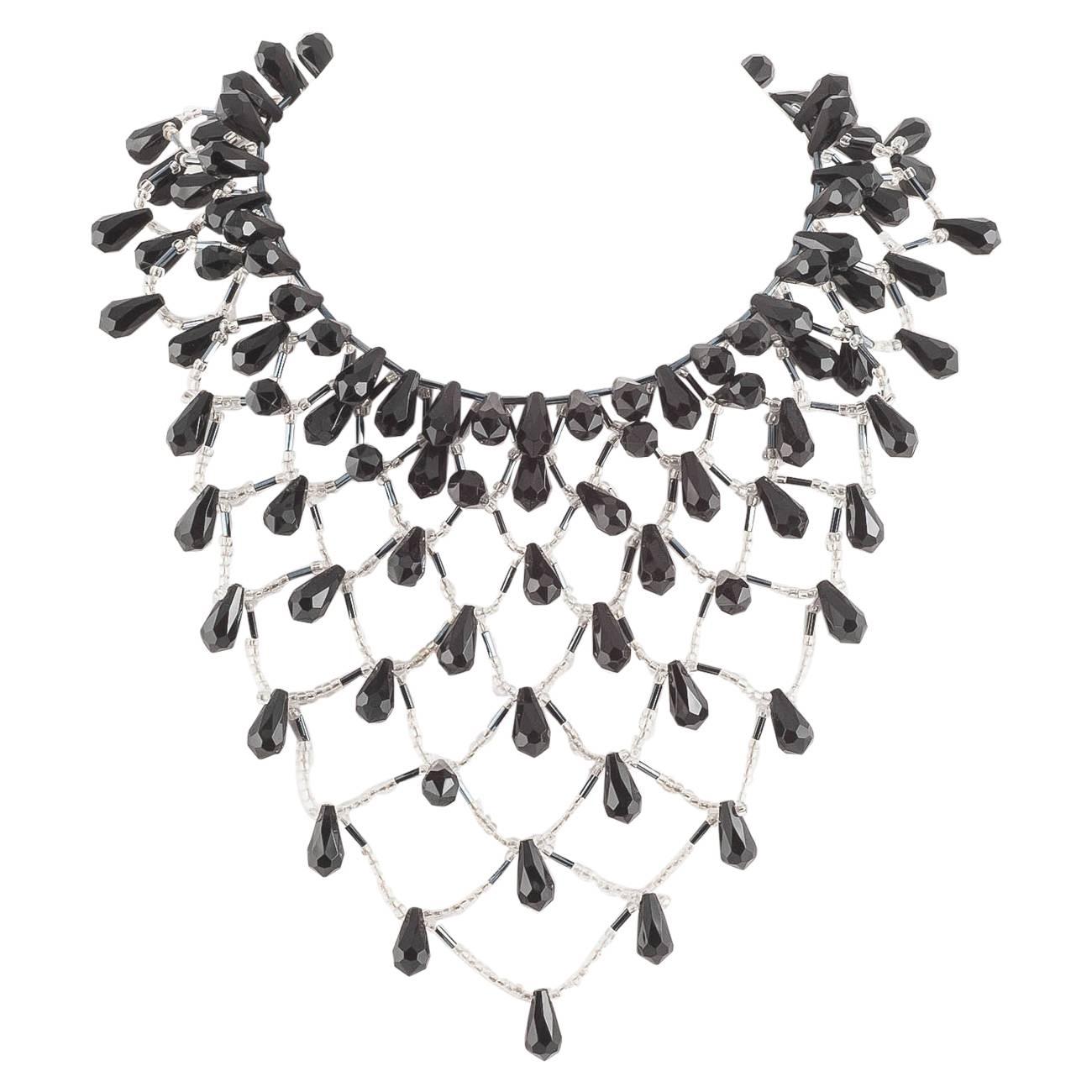 Dramatic black and clear bead bib necklace, attributed to Langani, Germany, 1960s For Sale