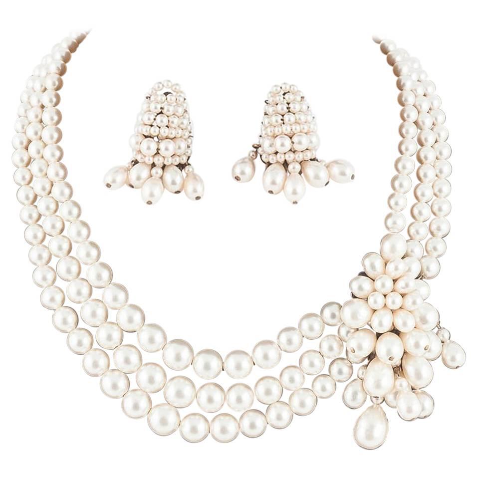 Louis Rousselet three row baroque pearl necklace with matching earrings, 1950s