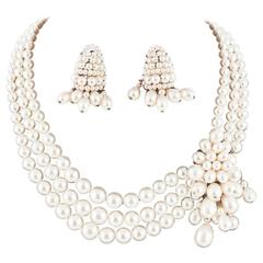 Louis Rousselet three row baroque pearl necklace with matching earrings, 1950s
