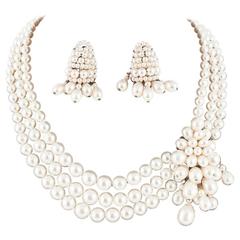 Retro Louis Rousselet three row baroque pearl necklace with matching earrings, 1950s